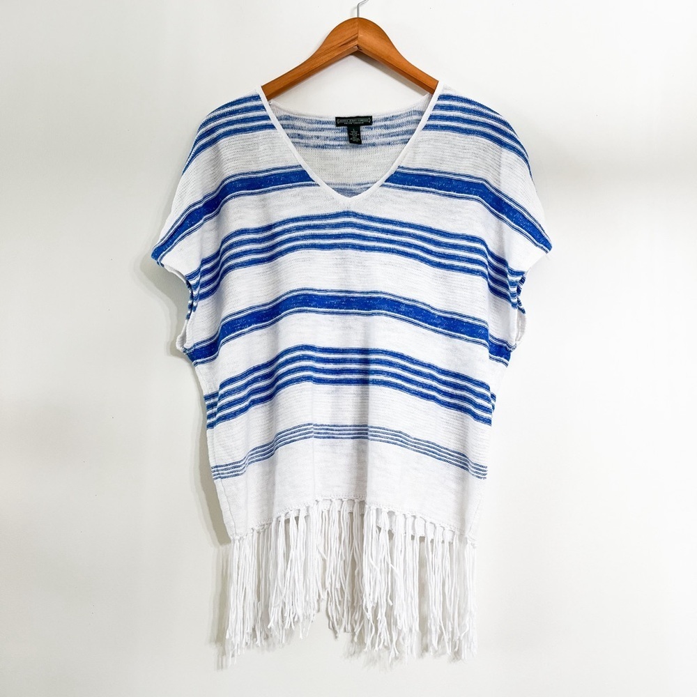 Ralph Lauren Women’s Knit Top Linen Blend Size L Fringed White Blue Sleeveless